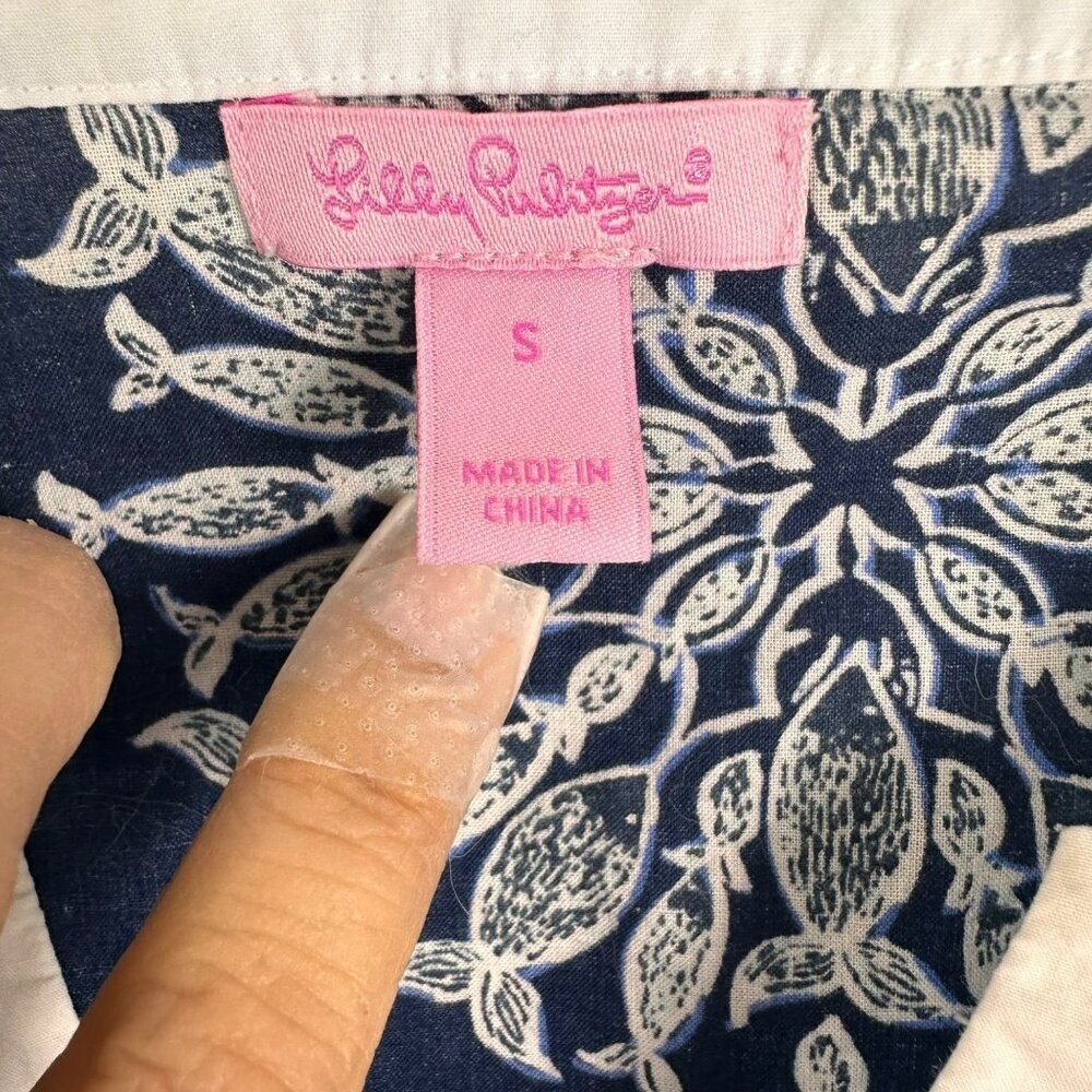 Lilly Pulitzer Navy Blue Printed Beach Cover-Up Tunic Dress Long Sleeve Resort - Picture 9 of 11